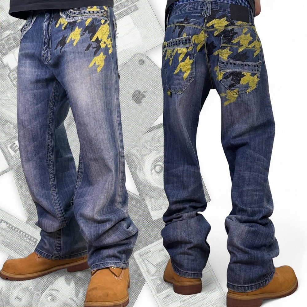 Vintage Y2K Akademiks Baggy Wide Leg Graphic Grunge Denim Jeans 34 Blue